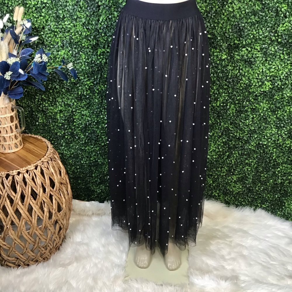 NWT Elegant Black Tulle Maxi‎ Skirt with pearl accents sheer
